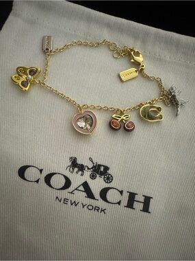 Coach Gold-Tone Charm Bracelet with Pink Heart Charm, Dino charm, Cherry charm
